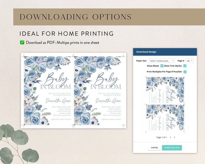 May include: A printable baby shower invitation with a blue and white floral design. The invitation says "Baby in Bloom" and includes the name "Samantha Green".