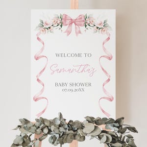 Bearbeitbares rosa Schleifen-Babyparty-Willkommensschild, Bogen-Mädchen-Babyparty-Plakat, süßes kleines Mädchen-Blumenband-Babypartydekor, BBS979