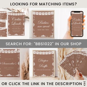 May include: A collection of brown and white baby shower stationery featuring papel picado banner graphics and elegant white typography. The set includes invitations, welcome signs, diaper raffle cards, and thank you notes with matching floral accents.