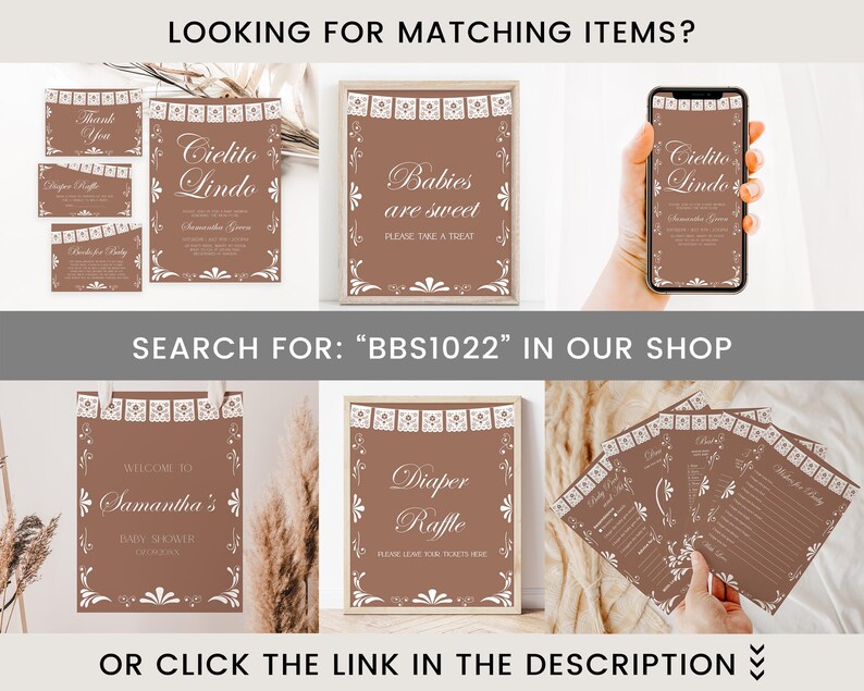 May include: A collection of brown and white baby shower stationery featuring papel picado banner graphics and elegant white typography. The set includes invitations, welcome signs, diaper raffle cards, and thank you notes with matching floral accents.
