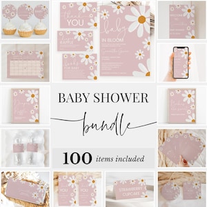 Pacchetto modificabile per baby shower Daisy, pacchetto di inviti per baby shower Daisy Baby in Bloom, pacchetto di giochi per baby shower Boho Daisy, BBS620