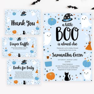 Editable Blue A Little Boo Baby Shower Invitation Bundle, Boy Halloween Baby Shower Invite, Ghost Halloween Baby Shower Invite, BBS494