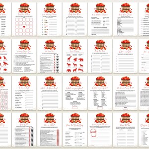 May include: A collection of printable baby shower games on white cards. Each card features a red apple basket graphic and various game titles, such as "Baby Shower Bingo" and "Who Knows Mommy Best?" The games are designed with red and black text.