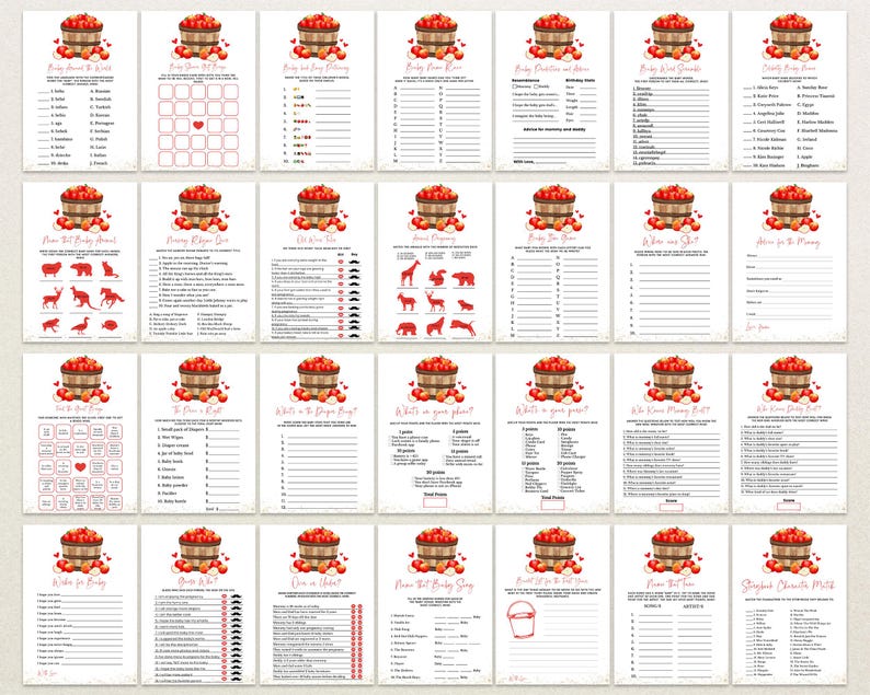 May include: A collection of printable baby shower games on white cards. Each card features a red apple basket graphic and various game titles, such as "Baby Shower Bingo" and "Who Knows Mommy Best?" The games are designed with red and black text.