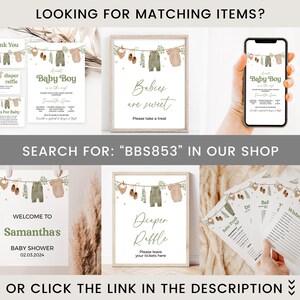 May include: A collection of baby shower decorations with a neutral color palette. The image includes signs, invitations, and a phone displaying a baby shower invitation. Text includes "Baby Boy", "Babies are sweet", and "Diaper Raffle".