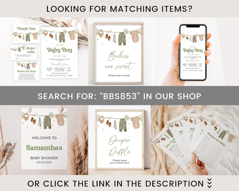 May include: A collection of baby shower decorations with a neutral color palette. The image includes signs, invitations, and a phone displaying a baby shower invitation. Text includes "Baby Boy", "Babies are sweet", and "Diaper Raffle".