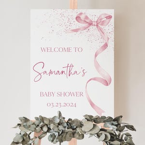 Panneau de bienvenue modifiable pour baby shower rose, poster de baby shower fille noeud rose, décoration de baby shower minimaliste ruban fille rose, BBS863