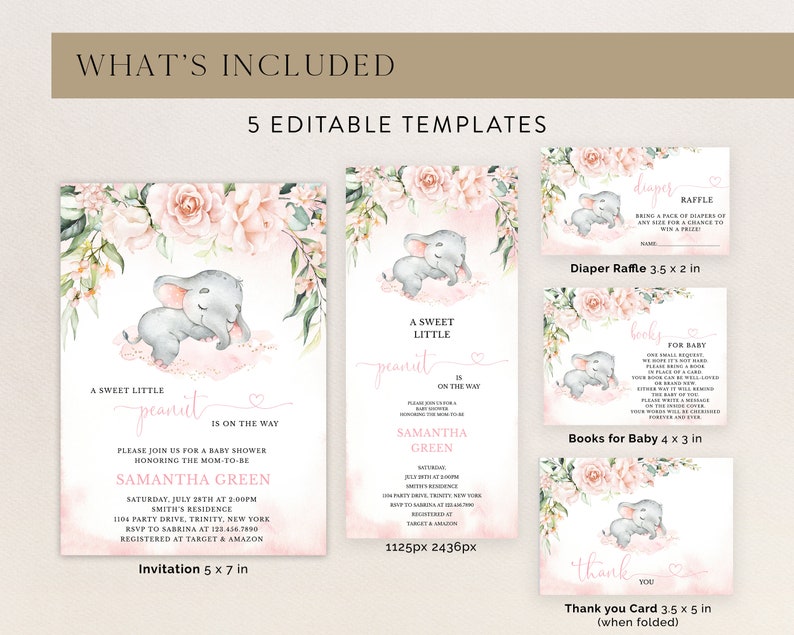 Editable Blush Girl Elephant Baby Shower Invitation Bundle, Pink Floral ...