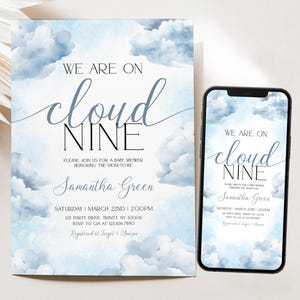 Modificabile su invito per baby shower Cloud 9, invito per baby shower Cloud Nine blu, invito per baby shower "Siamo su Cloud Nine", BBS970