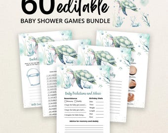 Editierbares Babyparty-Spielpaket mit Schildkrötenmotiven für Jungen, Babyparty-Spielpaket „Kleines Schlüpfen“, Babyparty-Spiele zum Thema Unterwasser-Schildkröten, BBS704