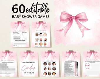 Editable Pink Bow Baby Shower Game Bundle, Girl Baby Shower Game Pack, Sweet Little Girl Coquette Ribbon Baby Shower Games, BBS1029