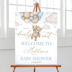 Editable Brown Bear Balloon Baby Shower Welcome Sign, We Can Bearly Wait Baby Shower Poster, Blue Boy Boho Bear Baby Shower Decor, BBS388