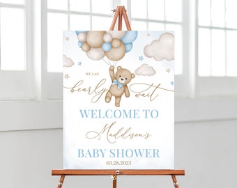 Bewerkbare bruine beer ballon baby shower welkom teken, we kunnen bearly wachten baby shower poster, blauwe jongen Boho Bear baby shower decor, BBS388