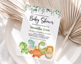 Bearbeitbare Dinosaurier-Baby-Dusche-Einladung, grüne Dinosaurier-Baby-Dusche einladen, junge Dinosaurier-Baby-Dusche, Boho-Dinosaurier, BBS588