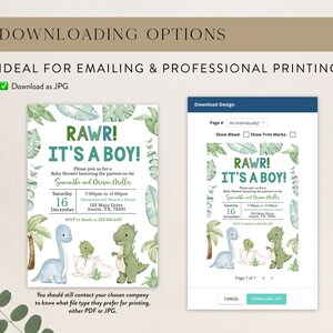 K&ouml;nnte beinhalten: Eine Babyparty-Einladung mit Dinosaurier-Motiv. Die Einladung lautet "RAWR! IT'S A BOY!" in Gr&uuml;n und Blau, mit Details zur Veranstaltung. Das Design umfasst Illustrationen von Dinosauriern und tropischen Bl&auml;ttern. Das Bild zeigt auch Download-Optionen.