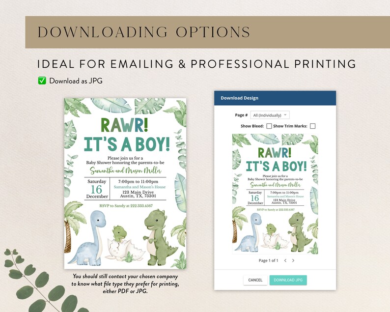 K&ouml;nnte beinhalten: Eine Babyparty-Einladung mit Dinosaurier-Motiv. Die Einladung lautet "RAWR! IT'S A BOY!" in Gr&uuml;n und Blau, mit Details zur Veranstaltung. Das Design umfasst Illustrationen von Dinosauriern und tropischen Bl&auml;ttern. Das Bild zeigt auch Download-Optionen.