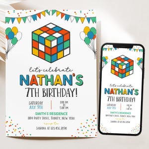 Puede incluir: Una invitación de cumpleaños con un diseño de Cubo de Rubik colorido. La invitación incluye el texto "Nathan's 7th Birthday!" con fecha, hora y lugar. Un smartphone muestra el mismo diseño.