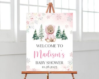 Bearbeitbares rosa Bär-Baby-Dusche-Willkommens-Schild, wir können bärisch warten Mädchen-Baby-Dusche-Poster, rosa Mädchen-Winter-Bär-Baby-Dusche-Dekor, BBS559