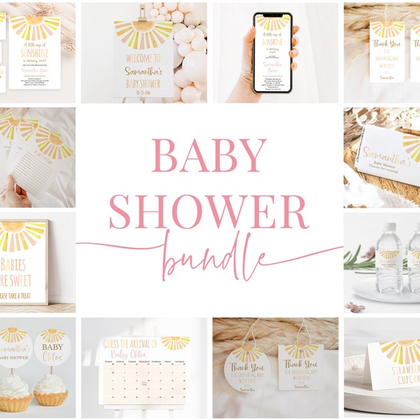 Editable Sunshine Baby Shower Bundle, A Little Ray of Sunshine Baby Shower Invitation, Girl Sun Shower, Boho Sunshine Shower Decor, BBS397