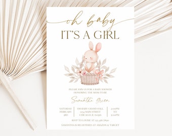 Editable It's a Girl Boho Bunny Baby Shower Invitation, Floral  Rabbit Baby Shower Invitation, Girl Bunny Baby Shower Invite, BBS633