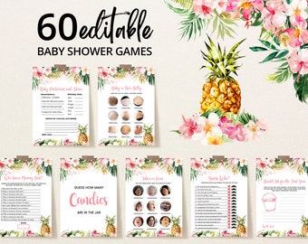 Editable Girl Pineapple Baby Shower Game Bundle, Tropical Pineapple Baby Shower Game Pack, Aloha Pineapple Baby Shower Game Bundle, BBS190