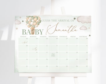 Editable Bear Green Hot Air Balloon Baby Shower Guess Baby's Arrival, We Can Bearly Wait Due Date Calendar, Neutral Bear Baby Shower, BBS461