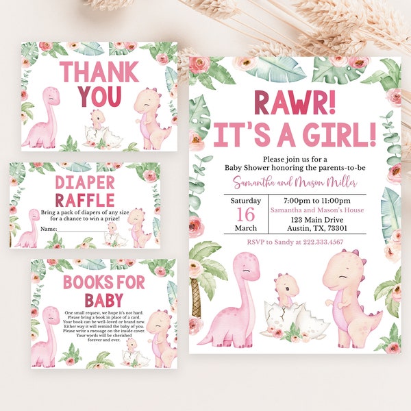 Editable Girl Dinosaur Baby Shower Invitation Bundle, It's a Girl Dinosaur Baby Shower Invite, Pink Dinosaur Shower, Boho Dinosaur, BBS732