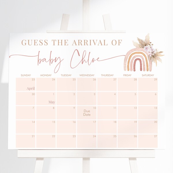 May include: A printable baby shower game with a pink and brown watercolor rainbow and floral design. The game is called "Guess the Arrival of Baby Chloe" and features a calendar with the months of April and May.