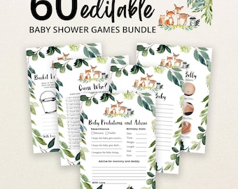 May include: A 60 editable baby shower games bundle featuring printed cards with watercolor forest animal illustrations including a fox, deer, and raccoon, surrounded by green leafy foliage borders and black text on a white background.