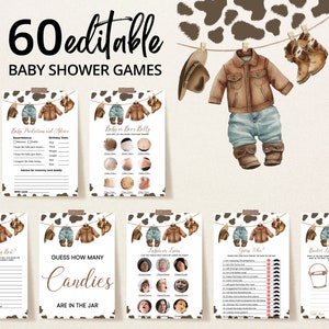 Bewerkbare A Little Cowboy-babyshowerspelbundel, wildwest-babyshowergamepakket, bruine cowboy babyshowergames, rodeobaby BBS719