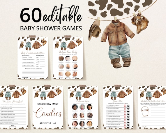 Editable A Little Cowboy Baby Shower Game Bundle, Wild West Baby Shower Game Pack, Brown Cowboy Baby Shower Games, Rodeo Baby BBS719