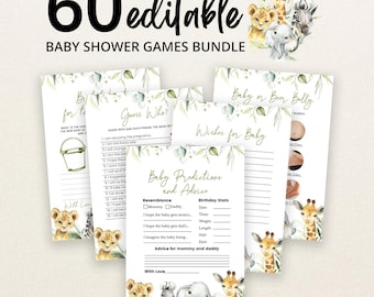 May include: A bundle of 60 editable baby shower game cards featuring watercolour illustrations of a lion, giraffe, elephant, and zebra. The cards include titles like Baby Predictions and Advice, Guess Who, and Wishes for Baby with green leaf accents.
