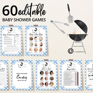 Editable BBQ Baby Shower Game Bundle, Backyard Baby Shower Games, Blue Baby-q Shower Game Pack, Bun in the Oven and Burger Grill,BBS395