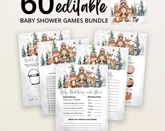 Op de afbeelding: Een bundel van 60 bewerkbare babyshower-spelkaarten met illustraties van bosdieren, waaronder een beer, vos en hert met wintermutsen. De kaarten hebben een witte achtergrond met dennenbomen en tekst zoals Baby Predictions and Advice.