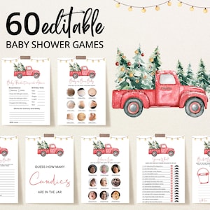 Redigerbart "A Little Bundle of Joy"-spelpaket med babyshower, spelpaket med tallträdslastbil, babyshower-spel med jul, BBS923