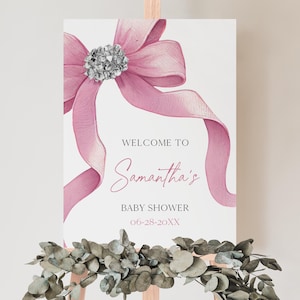 Editable Pink Bow Baby Shower Welcome Sign, Pink Bow Girl Baby Shower Poster, Pink Girl Ribbon Minimalist Baby Shower Decor, BBS957