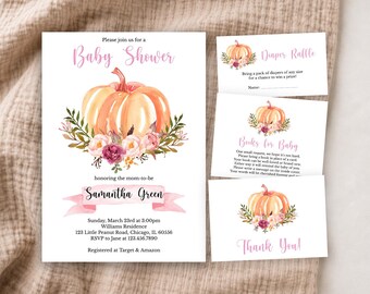 May include: A baby shower invitation set featuring watercolor pumpkins and floral accents in pink and orange. The main card includes text for Samantha Green, date, time, and location. Smaller cards include a diaper raffle, books for baby, and thank you.