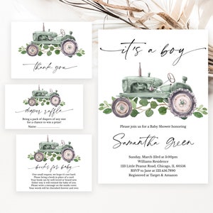 Bewerkbaar It&#39;s a Boy trekker babyshower uitnodigingsbundel, groen trekker babyshower uitnodigen, jongen trekker babyshower uitnodigen, BBS303