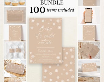 May include: A baby shower bundle featuring 100 items with a beige background and white snowflake patterns. Includes invitations, signage, cupcake toppers, water bottle labels, and game cards with text such as Baby it's cold outside.