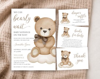 May include: A baby shower invitation set featuring a brown teddy bear illustration on a cloud. The text reads WE CAN bearly wait, BABY NATHAN IS ON THE WAY, diaper raffle, books for baby, and thank you, with event details and registry info.