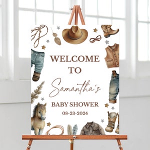 Bearbeitbar Ein kleiner Cowboy-Babyparty-Willkommensschild, West-Babyparty-Poster, blaues Cowboy-Babypartydekor, Rodeo Baby, BBS708