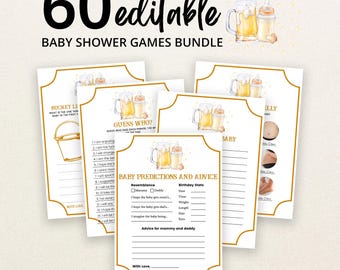 May include: A bundle of 60 editable baby shower game cards featuring a gold border, watercolour illustrations of a beer mug and baby bottle, and text including Baby Predictions and Advice, Guess Who, and Bucket List on white paper.