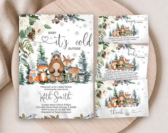 May include: A baby shower invitation set featuring watercolor forest animals including a bear, fox, deer, and owl wearing winter hats. The text reads Baby it's cold outside, Kath Smith, and includes event details, a diaper raffle card, and a thank you card.