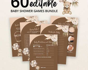 Op de afbeelding: Een bundel van 60 bewerkbare babyshower-spelkaarten met een bruin en beige kleurenpalet. De ontwerpen bevatten illustraties van een teddybeer met ballonnen en droogbloemen. De tekst bevat titels zoals Baby Predictions and Advice.