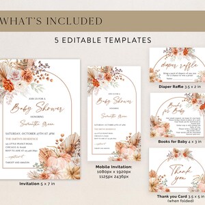 Puede incluir: Un conjunto de cinco plantillas editables para baby shower. La invitaci&oacute;n mide 12,7 x 17,8 cm y presenta dise&ntilde;os florales y de calabazas. Incluye una tarjeta de rifa de pa&ntilde;ales, una tarjeta de libros para beb&eacute;s y una invitaci&oacute;n m&oacute;vil.