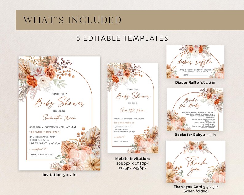 Puede incluir: Un conjunto de cinco plantillas editables para baby shower. La invitaci&oacute;n mide 12,7 x 17,8 cm y presenta dise&ntilde;os florales y de calabazas. Incluye una tarjeta de rifa de pa&ntilde;ales, una tarjeta de libros para beb&eacute;s y una invitaci&oacute;n m&oacute;vil.