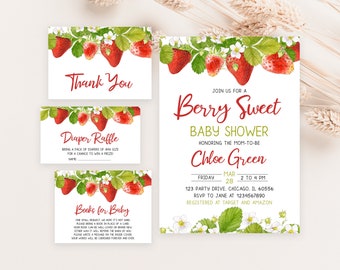 May include: A set of baby shower invitations and cards with a watercolor strawberry theme. The invitation reads "Berry Sweet Baby Shower" and includes details for the event. Other cards say "Thank You", "Diaper Raffle", and "Books for Baby".
