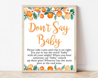 Don't Say Baby Sign Little Cutie Baby Shower, Orange Don't Say Baby Game Baby Shower, Gender Neutral Orange Citrus Baby Shower, BBS250