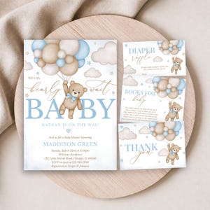 Paquete de invitaciones editables para baby shower con globos de oso pardo, invitación para baby shower "We Can Bearly Wait", baby shower de niño azul con oso bohemio, BBS388