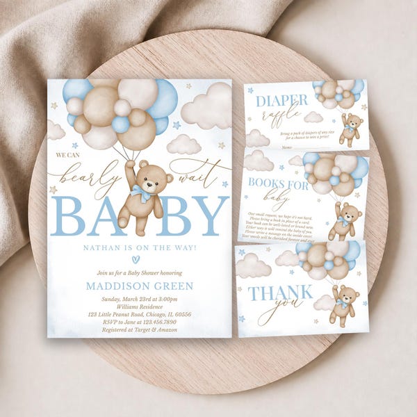 Paquete de invitaciones editables para baby shower con globos de oso pardo, invitación para baby shower "We Can Bearly Wait", baby shower de niño azul con oso bohemio, BBS388